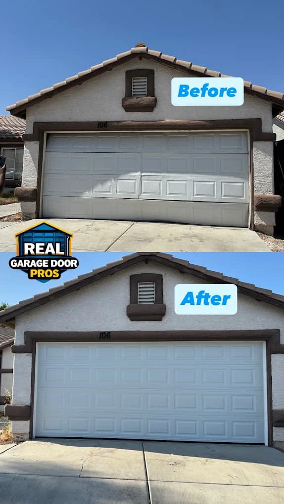 Before and after garage door installation by Real Garage Door Pros in Las Vegas